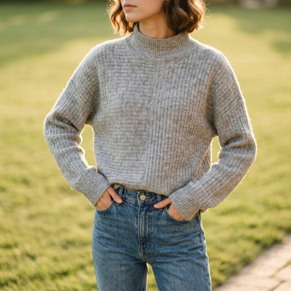 L.O.G.G. H&M Gray Ribbed Alpaca Blend Mock Neck Oversized Sweater Womens Medium